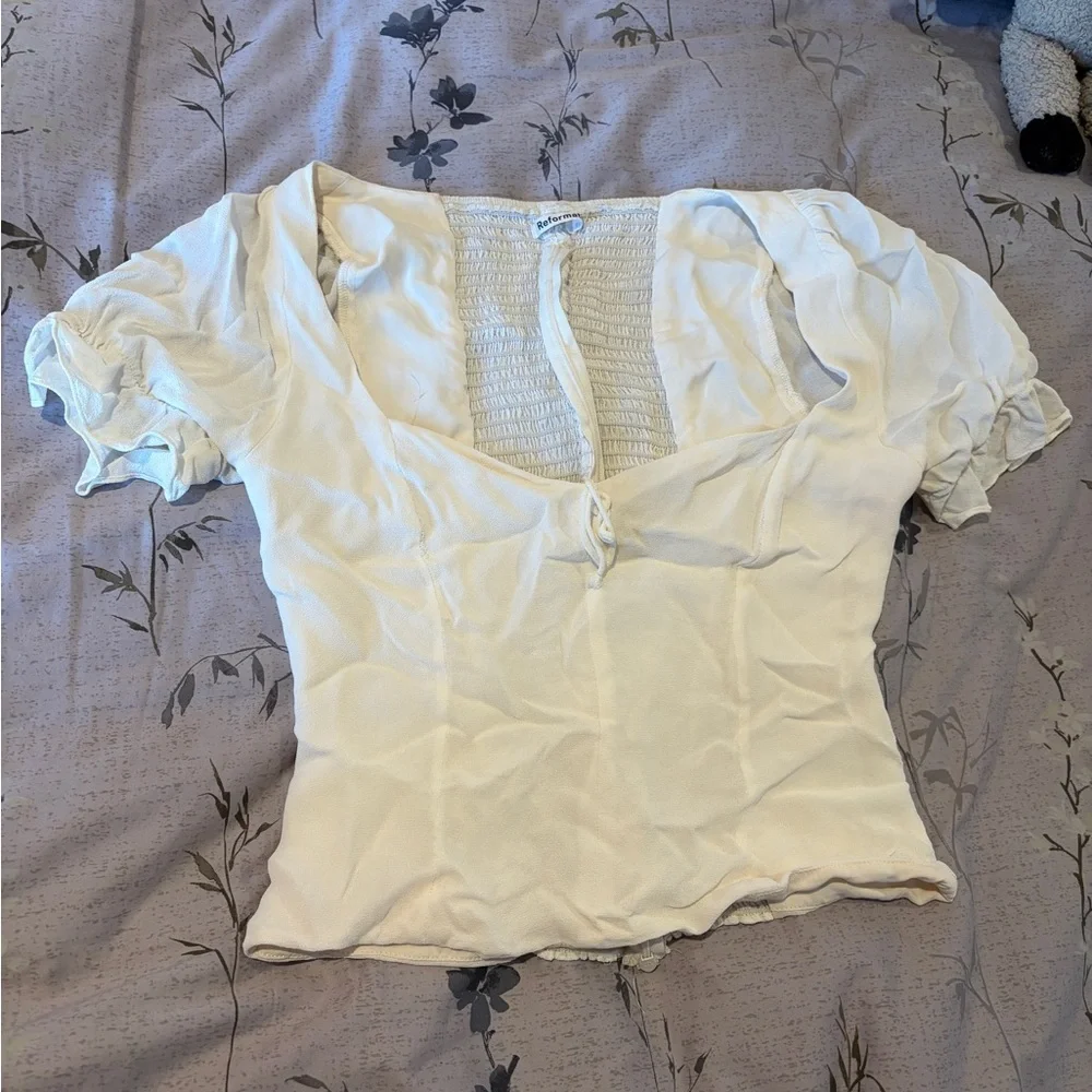 Reformation Cream Blouse with Ruched Detail